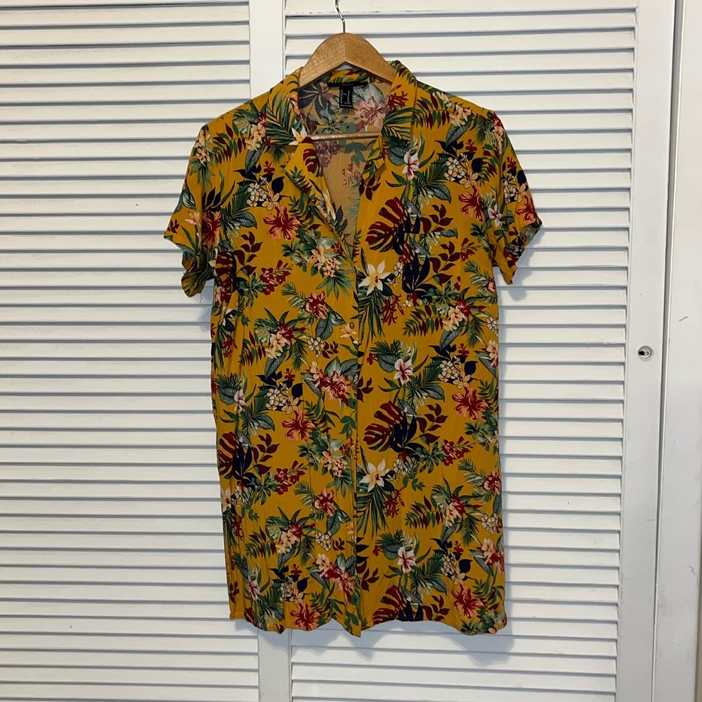 Tropical print button down mini dress